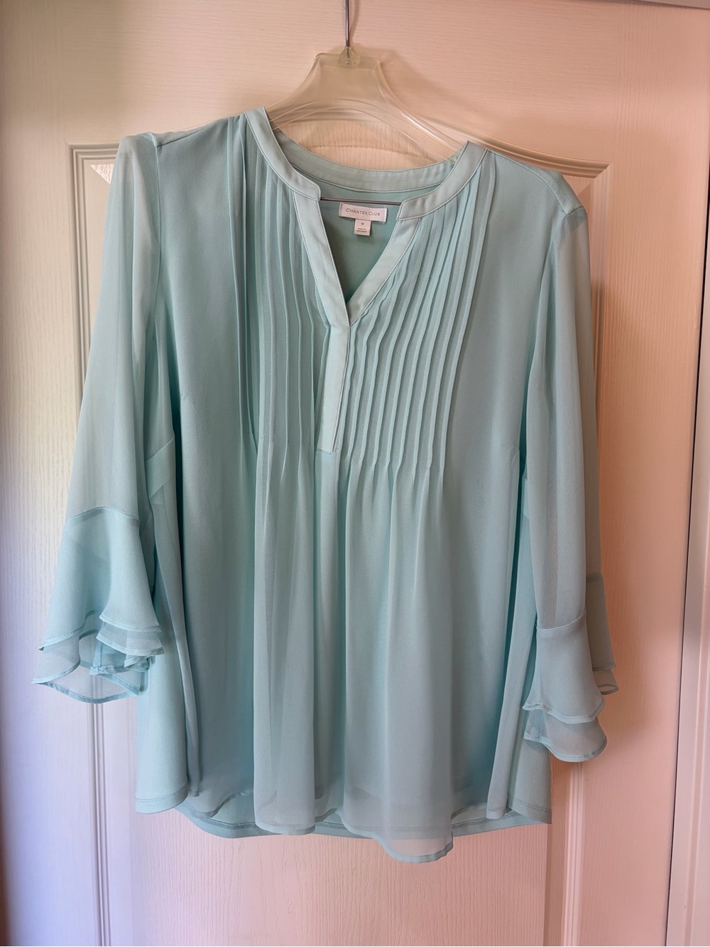 Charter Club Light Blue Pleated V-Neck lined blouse sz 1X